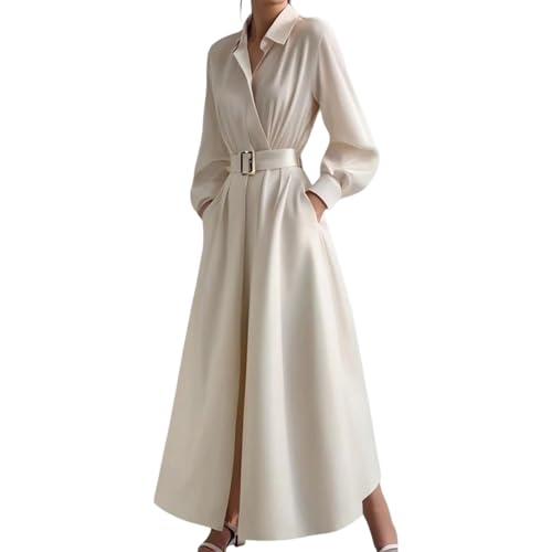 Women's Apricot Solid Long Sleeve Collared Maxi Shirt Dress with Belt and Side Slit Elegant 2025 Summer Fashion Clothes