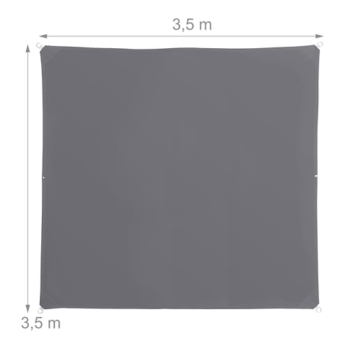 Relaxdays Sonnensegel, 3,5x3,5 m, Polyester, wasserdicht, Segeltuch Ösen, Spannseile, Sonnentuch quadratisch, dunkelgrau