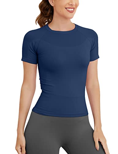 Image of MathCat Short Sleeve Workout Tops for Women, Seamless Women's Compression Shirt, Yoga Running Athletic Shirts Soft Gym Tops