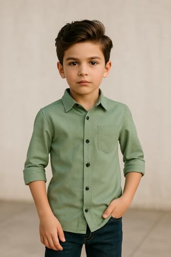 Image of Boys Kids Light Green Cotton Shirt, Long Roll-Up Sleeves, Party, Age 2-10 Years