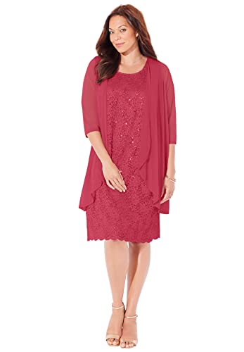 Catherines Women's Plus Size Petite Sparkling Lace Jacket Dress - 32 Wp, Deep Scarlet Red (0583) #TOP17