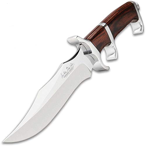 Hibben Darkwood Legacy III Fighter Knife with Mirror Polished Stainless Steel Blade, Brown Hardwood Handle with Mirror Polished Hand Guard, Black Leather Sheath with Belt Loop and Embossed Hibben Logo