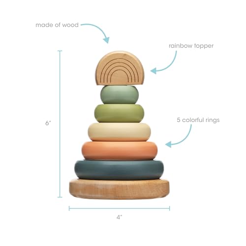 Image of Pearhead Wooden Rainbow Stacking Ring Toy, Montessori Baby Stacker | Neutral Color Sorting Rings, Fine Motor Play, Hand-Eye Coordination, Nursery Decor, Baby or Toddler Gift, Ages 12M+