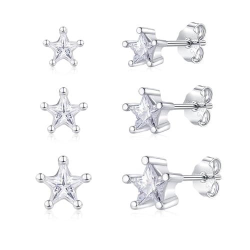 Image of Cangall 925 Sterling Silver Cubic Zircon Star Stud Earrings for Women Girls, 3 Pairs Silver Studs Earrings Set for Multiple Piercings, Dainty 4/5/6mm Tiny Small Cartilage Sleeper Star-shape Studs