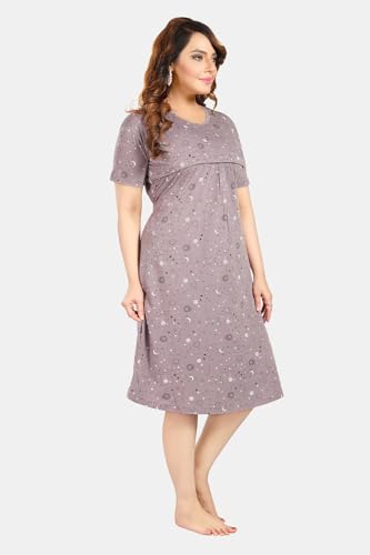 Image of Fabme Women's Above Knee Length Printed Pre and Post Pregnancy Pure Cotton Nursing Nightdress Nighty