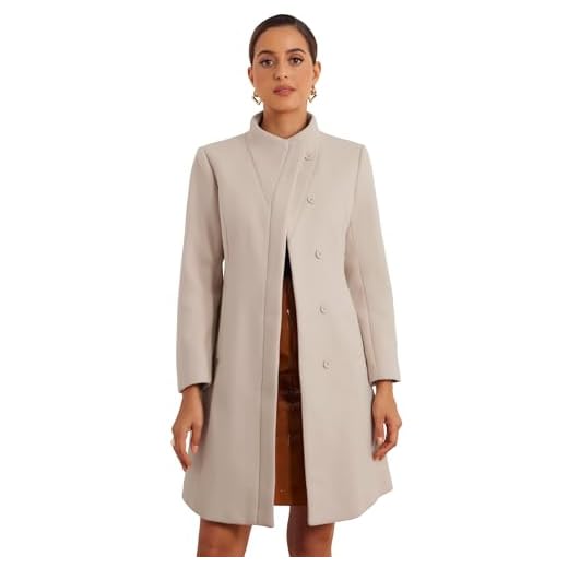Allegra K Manteau Mi-Long Femme à Col Montant Trench-Coat Boutonné Classique Vêtements D'Extérieur à Manches Longues Blouson Mi-Long Chaud Caban D'Hiver Beige L