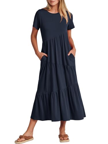 Image of ANRABESS Women Summer Maxi Dress Short Sleeve Swing Casual Asymmetric Tiered Vacation Long Beach Sundress Outfits Navy Blue Small