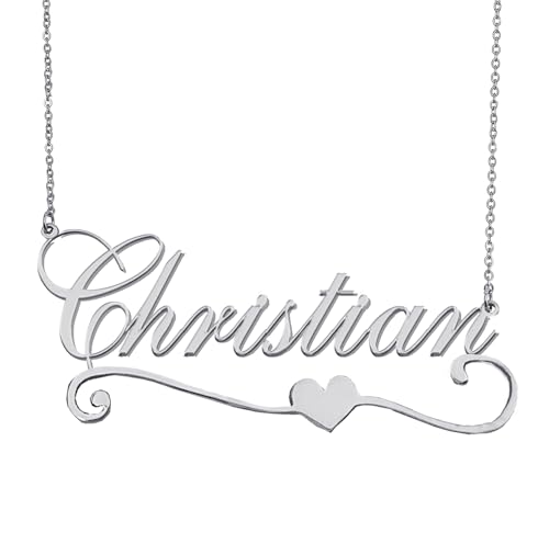 AOLO Personalized Christian Name Necklace with Heart Decoriaton Silver Stainless Steel Nameplate Necklaces Jewelry Gift for Womens Teens