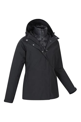 Mountain Warehouse Alaskan Womens 3 in 1 Short Jacket - IsoDry, Waterproof 10,000Mm & Breathable Coat with Taped Seams - Best for Autumn Winter, Outdoors & Wet Weather Jet Black Women's Size 14