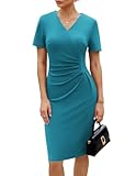 GRACE KARIN Vestido de cóctel para mujer, manga corta, cuello en V, entallado con fruncido y abertura trasera, aspecto de negocios, azul verdoso, M