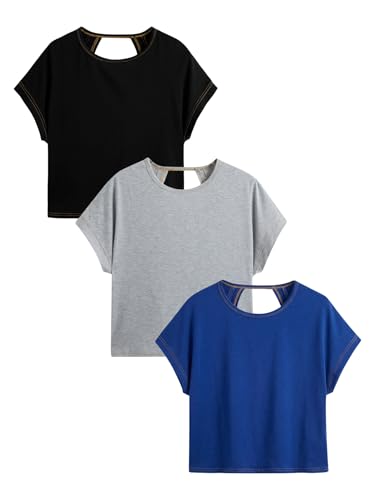 Image of RoseSeek Women's 3 Packs Open Back Tops T Shirt Criss Cross Cut Out Tee Short Sleeve Crewneck Summer Backless Tops