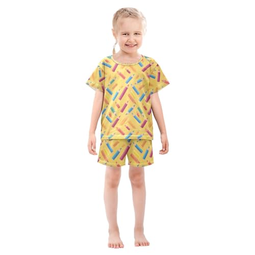 ALAZA Colorful Pencils Yellow Pajamas Set Short Sleeve Cotton Sleepwear Summer Pjs 2 Piece 5-14Y3
