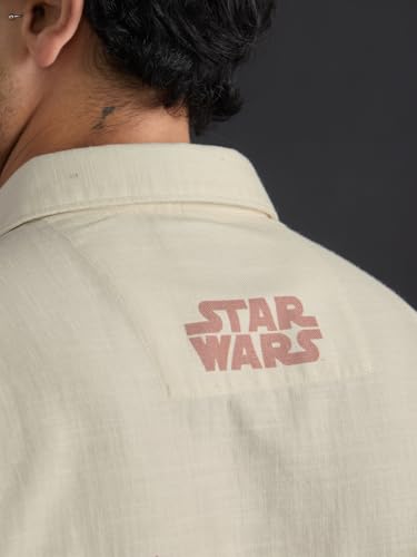 Image of The Souled Store Star Wars: Far Far Away Men and Boys Short Sleeve Spread Collar Light Beige Printed Casual Streetwear Drop Shoulder Cotton Oversized Shirt