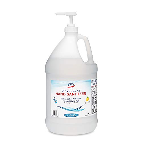 Drivergent Hand Sanitizer, 80% Alcohol Liquid (non-gel), 1 Gallon Jug with Pump (128oz), improved lemon scent, refill