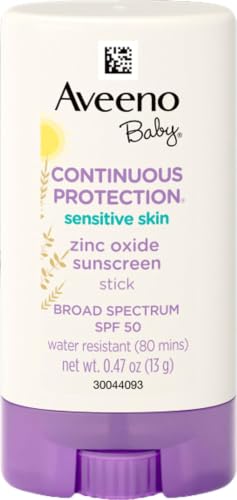Image of Aveeno Baby Continuous Protection Mineral Sunscreen Stick for Sensitive Skin with Broad Spectrum SPF 50 Protection for Face & Body, Naturally Sourced 100% Zinc Oxide, Travel Size, 0.47 oz