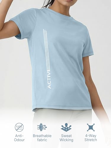 Image of Enamor Short Sleeve Crew Neck Regular Length Basic Dry Fit Workout Crew T-Shirt for Women - Relaxed Fit, Quick Dry, Antimicrobial - A309