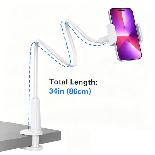 Image of MAGIPEA Gooseneck Phone Holder for Bed, 34inch Flexible Overhead Cell Phone Mount for Desk, Hands-Free Viewing Clamp Stand Compatible with iPhone 17 16 15 Pro Max and 3.5-7 inch Devices, White