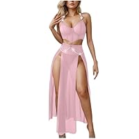 Women Lingerie Deep V Neck Nightwear Two Piece Sexy Nightgowns Mosaic Lace Dress Perspective Nightgown Underwear Set Pink