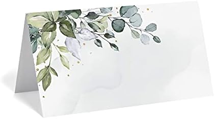Bliss Collections Greenery Watercolor Place Cards for Wedding or Party, Seating Place Cards for Tables, Scored for Easy Folding, 50 Pack, 2 x 3.5 Inches