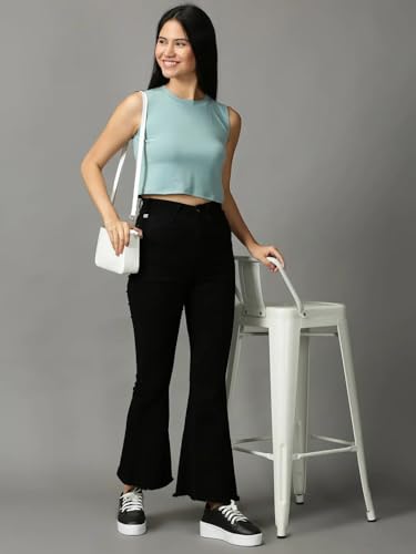 Image of SHOWOFFFF Women Solid Casual Top | Round Neck Sleeveless Cotton Top's for Womens | Regular Fit Crop Tops for Women's
