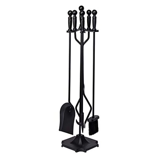 GASPRO 5-Piece Fireplace Tools Set, 32 Inch Wrought Iron Fireplace Accessories Includes Fire Poker, Shovel, Brush, Tong, and Stand, Easy to Assemble