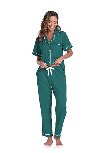 Image of COLORFULLEAF Women's 100% Cotton Pajamas Set Button Down Sleepwear Short Sleeve Shirt and Long Pants Soft Ladies Lounge Sets