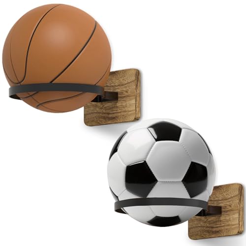Daoun Basketball Holder Wall Mount with Wooden Base 2 Pcs Ball Storage Holder for Football Basketball Soccer Rugby Display Rack - Boys Sports Accessories Organizer