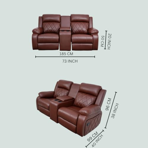 Image of Solis Royale Leatherette Manual 2 Seater Recliner Sofa Chair | Center Console and Cup Holder | Comfortable Lounge Sofa Chair for Living Room, Bedroom, Office, Home (RELAXYARD-Brown)