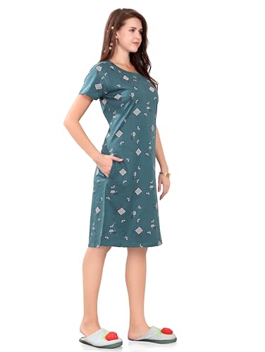 Image of Printed Knee Length Pocket Night Dresses for Women | Cat Lovers | Premium Soft Cotton Nighty | Sky Blue