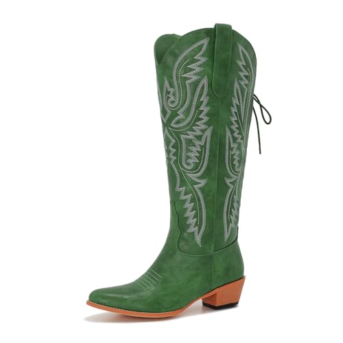 Image of Uillnoodu Wide Calf Cowboy Boots Women Adjustable Lace Up Knee High Tall Plus Size Cowgirl Boots Western Style Comfortable 2-Inch Heel