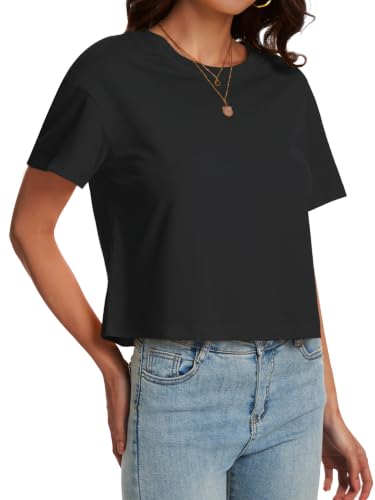 Image of SMENG Women's Crop Tops Cotton Loose Fit Tshirt Basic Short Sleeve Shirt
