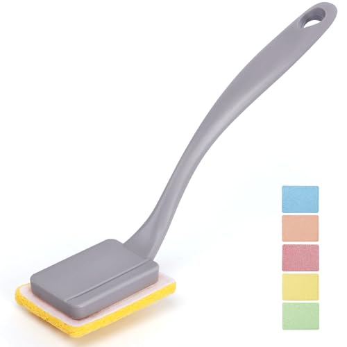 Image of Dish Brush with Handle,Non-Scratch Household Cleaning Brushes Dishwand with 5 Sponge Refills for Pans, Pots, Sink & Tubs,Grey