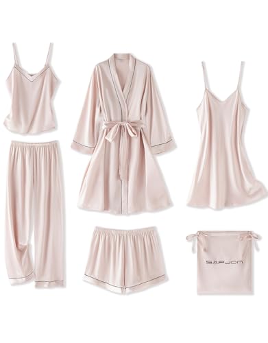 SAPJON Silk Pajamas for Women Set 6Pcs Satin Pjs V Neck Sexy Lingerie Sleepwear Cami Shorts Robe Nightwear Pj Set Champagne