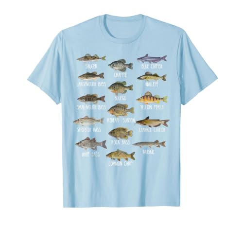 Types of Freshwater Fish Species Biology Fishing T-Shirt, Men, Baby Blue, X-Large