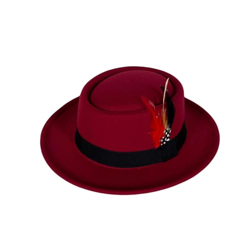 Punctualgood Wool Felt Fedora Hats for Women Men Wide Brim Flat Top Hat Jazz Hat with Feather Unisex (US Alpha One Size Wine Red)