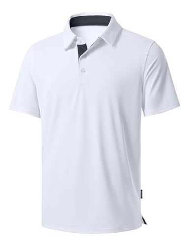 Men's Golf Shirts Dry Fit Moisture Wicking Performance Short Sleeve Collared Polo Shirts for Casual Tennis Bussiness (White, M)