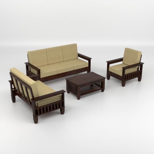 Image of Solid Sheesham Wood 6 Seater Sofa Set for Living Room | Premium Wooden Sofa with Fabric Cushions & Side Magazine Rack | Modern Solid Wood Furniture for Home & Office