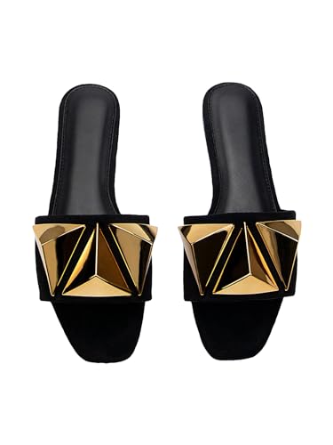 GORGLITTER Women's Studded Gold Flat Sandals Dressy Square Open Toe Summer Vacation Slip on Slides Shoes