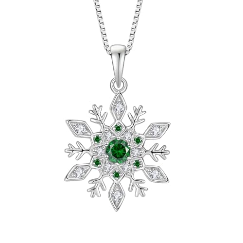 Inpasne レディース スノーフレークネックレス 925スターリングシルバー スノーフレークペンダントネックレス 誕生石ジュエリー 彼女へのクリスマスギフト, キュービックジルコニア, 合成エメラルド