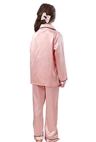 Image of Pajamas Kid Unisex Pjs Set Girls Boys Silk Pajamas Set Satin Long Sleeve 2 Piece Clasic Sleepwear for 2-12 Years Todder