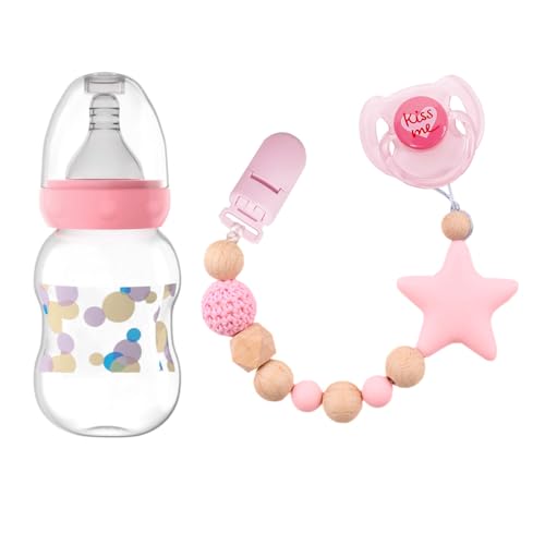 3 Pcs Reborn Baby Doll Magnetic Pacifier Feeding Set, Realistic Reborn Doll Accessories with Reborn Bottle, Magnetic Doll Binky & Star Clip, Pink Pretend Play Toy for Kids Gift