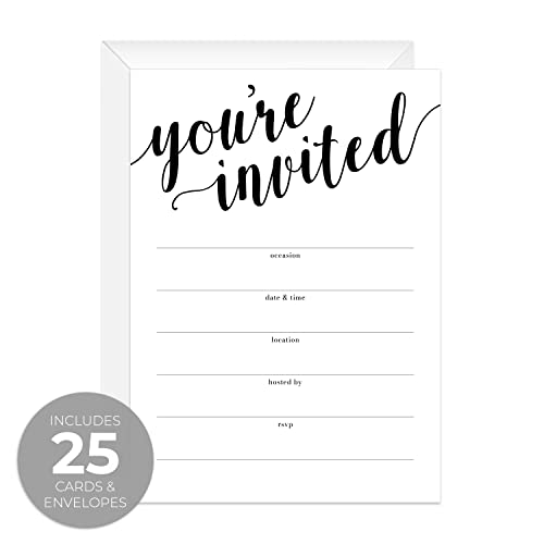 Canopy Street Black And White All Occasion Script Invitations / 25 Fill In General Use Invites / 5" X 7" Flat Modern Shower Party Or Event Invitation/Made In The Usa #TOP1
