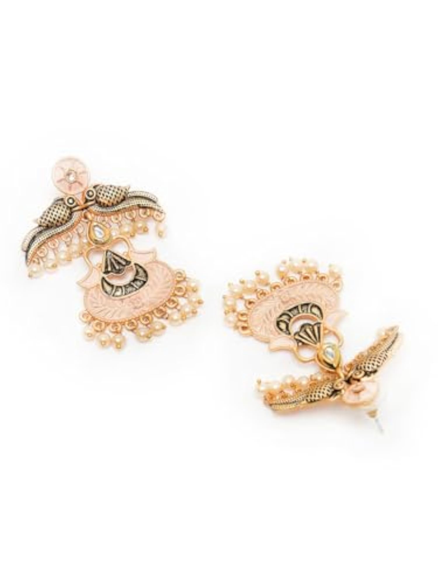 Antique Gold-Plated Pink Hand-Painted Peacock Drop Earrings