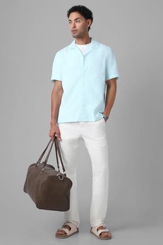 Image of Peter England Men's Casual Half Sleeve Resort Collar Shirt in 100% Cotton Seersucker with Striped Design