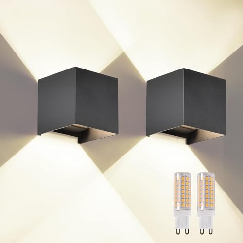wisdom line Aplique Pared LED Exterior Interior IP65, 4000K Luz Neutra, G9 Reemplazable, Moderno, de Aluminio, Ángulo Ajustable 120°-2 Piezas Negro