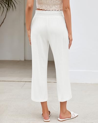 LookbookStore Linen Pants Women Capri Wide Leg High Wasited Pull On Elasitc Waist Summer Beach Palazzo Capris Pants3