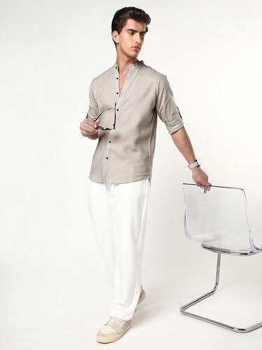 Image of Urbano Fashion Men's Linen Blend Full Sleeve Relaxed Fit Mandarin Collar Casual Solid Shirt