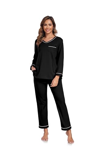 Image of COLORFULLEAF 100% Cotton Pajama Set for Women Long Sleeve Sleepwear with Pants Soft Comfy Two-Piece Pjs with Pockets