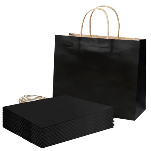 AN HUI MING 20 Stück Papiertüten Groß 27 * 12 * 21cm,Papiertüten mit Henkel,Geschenktüten Schwarz für Geburtstagsfeier Hochzeit Weihnachten Halloween Ostern(20stück 130gsm)