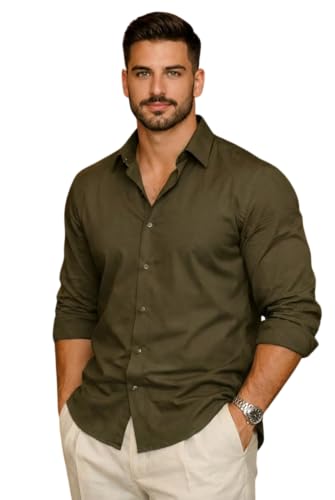 Image of IndoPrimo Men's Cotton Shirt with Stylish Full Sleeves Spread Collared Neck Solid Pattern Western Style Classic Fit and Standard Length | Casual Shirt for Man